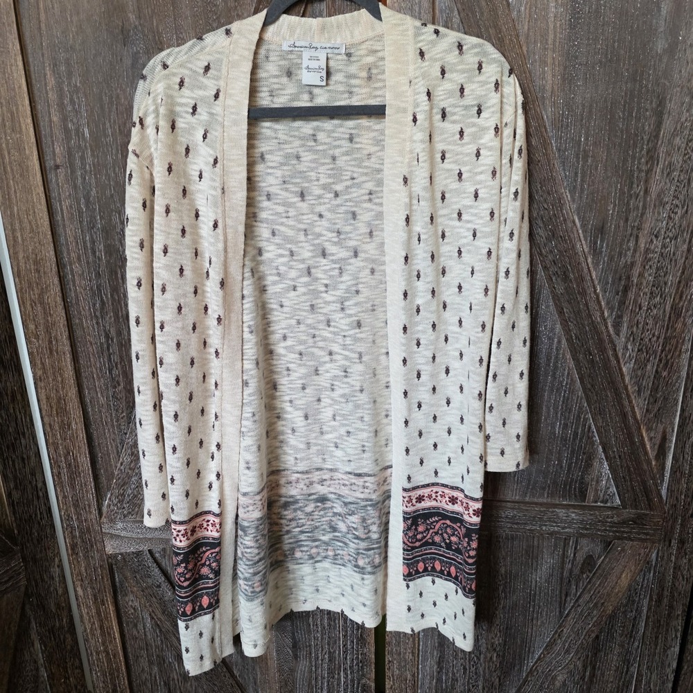 American Rag Cie Sweater Women's Size Small Ivory Floral Open Cardigan Long